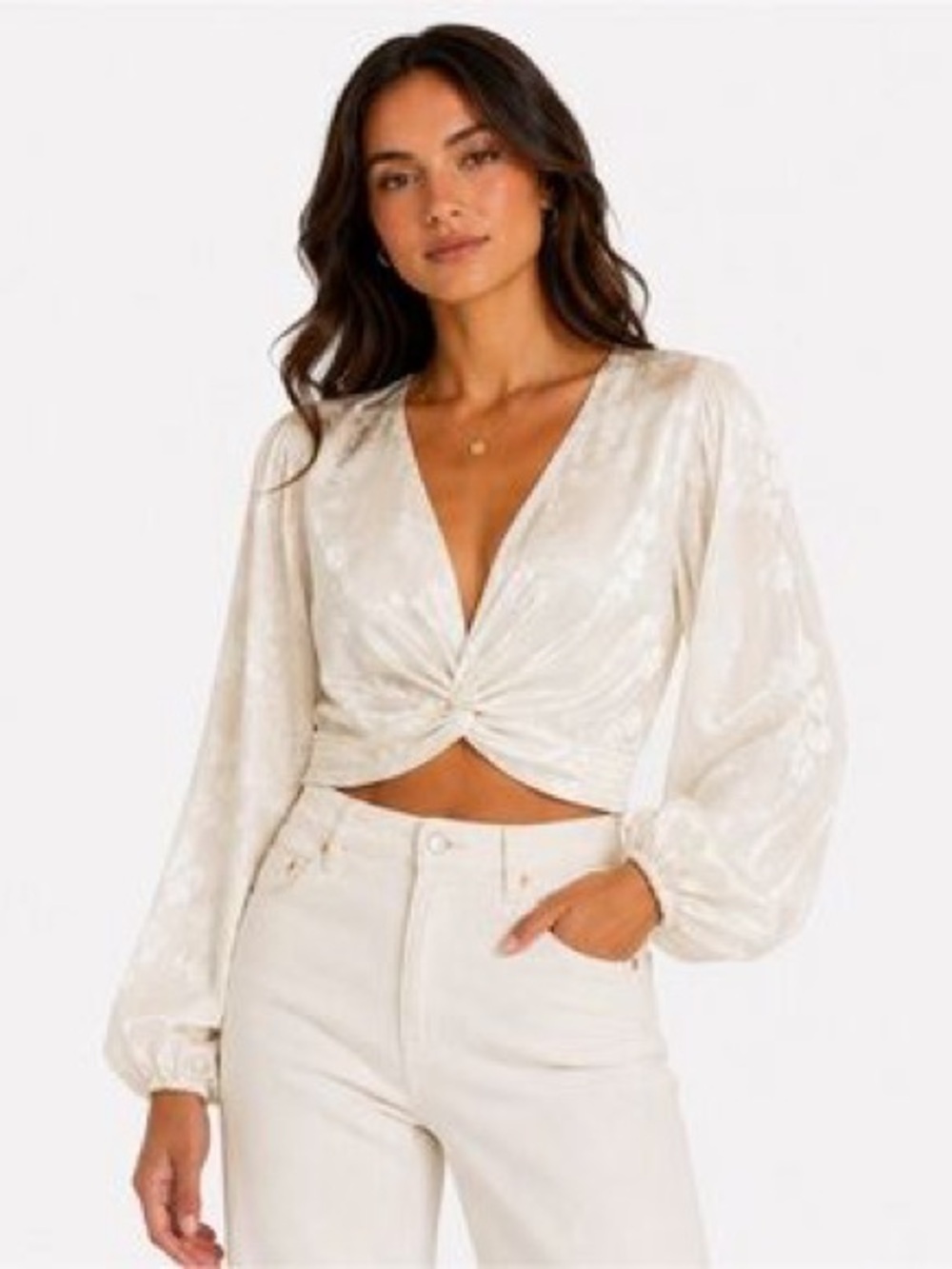 Zara Cream Twist-Front Long Sleeve Crop Top